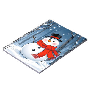 Snowman in cold forest with red scarf notebook