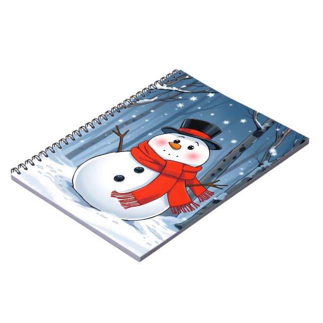 Snowman in cold forest with red scarf notebook (Left Side)