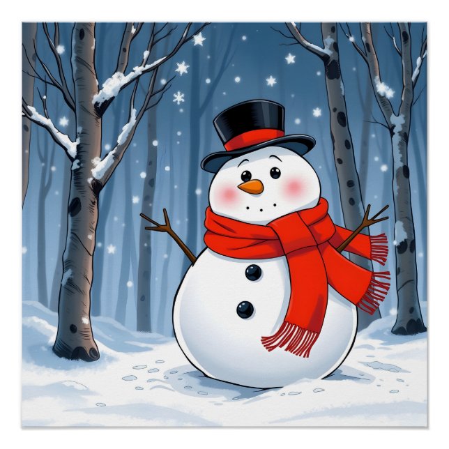 Snowman in cold forest with red scarf poster (Front)