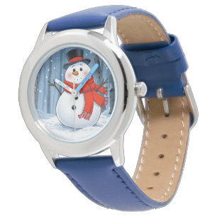 Snowman in cold forest with red scarf watch