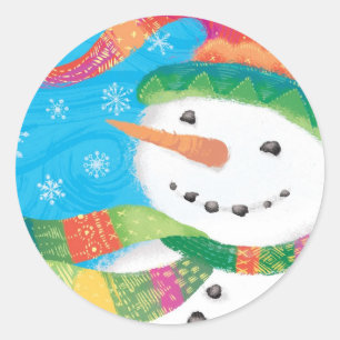Snowman in Colourful Scarf and Stocking Hat Classic Round Sticker