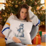 Snowman in Delft Blue, customisable Cushion<br><div class="desc">watercolor painting of a beautifully decorated snowman in Delft Blue colours</div>