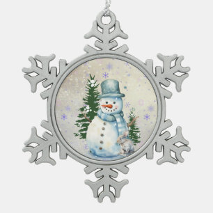 "Snowman in Falling Snow" with Rabbit and Trees Snowflake Pewter Christmas Ornament