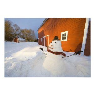Snowman in front of red barn in Columbia Falls Photo Print