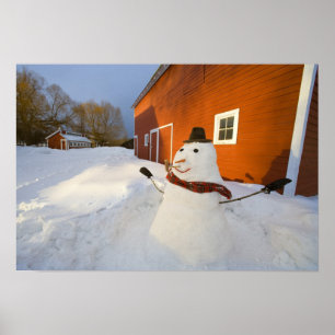 Snowman in front of red barn in Columbia Falls Poster