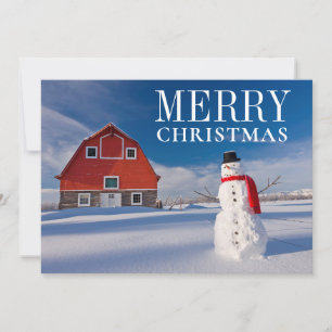 Snowman in front of Vintage Red Barn Holiday Card