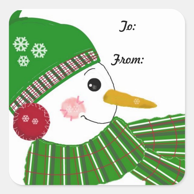 Snowman in Green Hat and Scarf Square Sticker (Front)