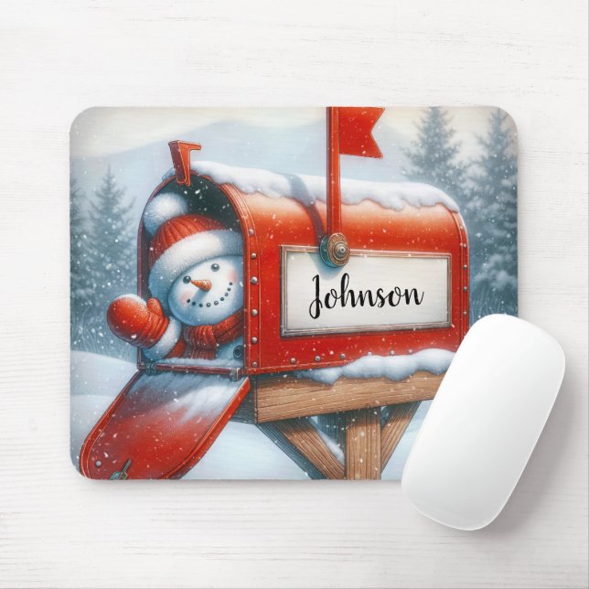 Snowman In Holiday Mailbox With Custom Name Mouse Mat (With Mouse)
