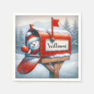 Snowman In Holiday Mailbox With Custom Name Napkin
