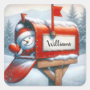 Snowman In Holiday Mailbox With Custom Name Square Sticker