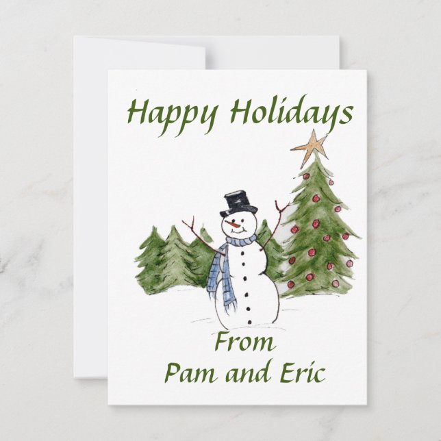 Snowman in Pine Trees Greets the Season Holiday Ca Card (Front)