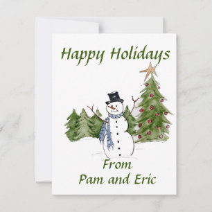 Snowman in Pine Trees Greets the Season Holiday Ca Card