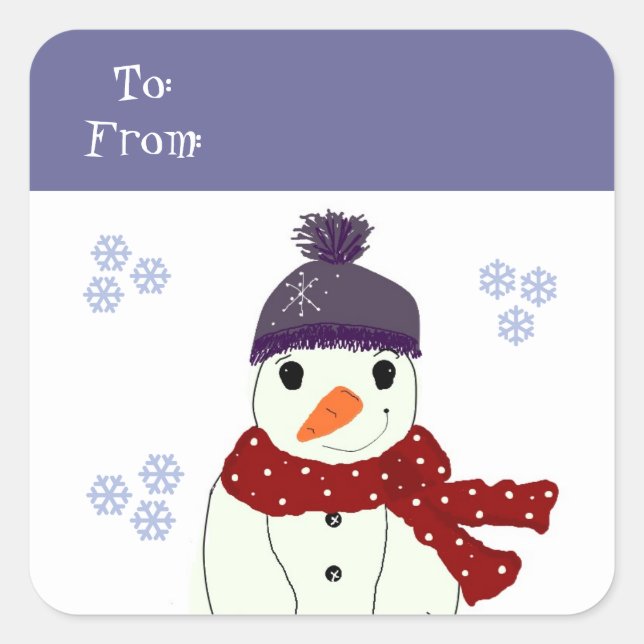 Snowman in Purple Hat and Red Scarf Square Sticker (Front)