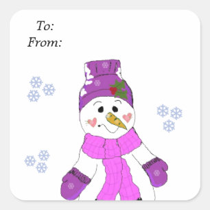 Snowman in Purple Hat and Scarf Square Sticker