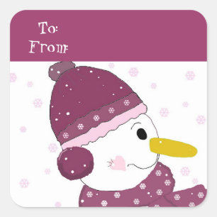 Snowman in Purple Hat and Scarf Square Sticker