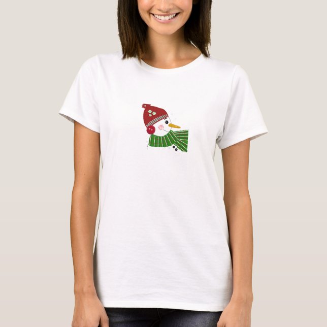 Snowman in Red Hat and Green Scarf T-Shirt (Front)