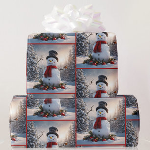 Snowman in Red Wool Scarf Carrot Nose Christmas Wrapping Paper