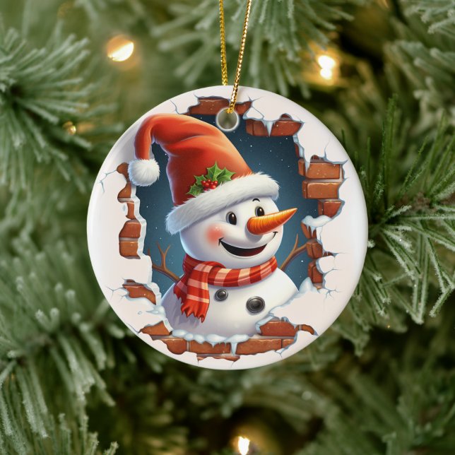 Snowman in Santa Hat - 3D Ceramic Tree Decoration (Tree)