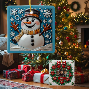 Snowman in Snow Christmas Customisable Ceramic Ornament