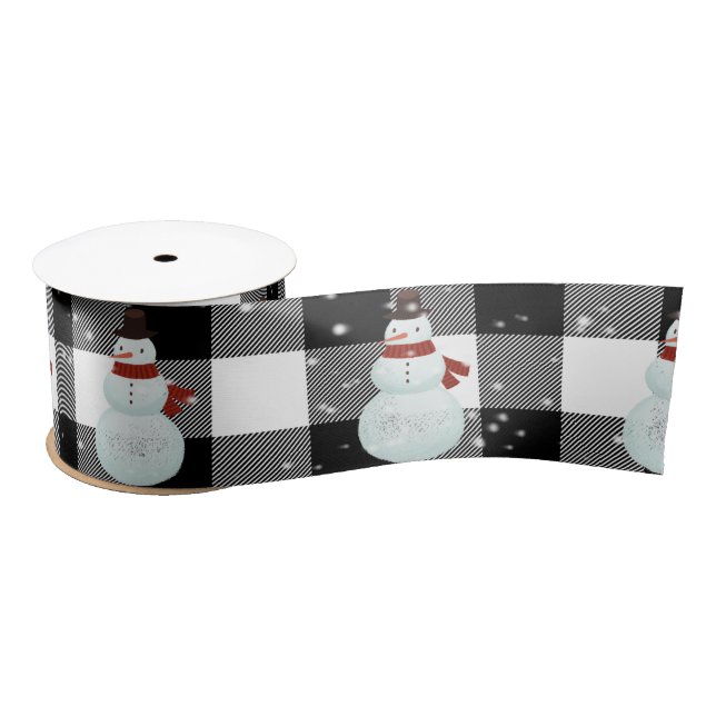 Snowman in Snow on Buffalo Plaid Satin Ribbon (Spool)