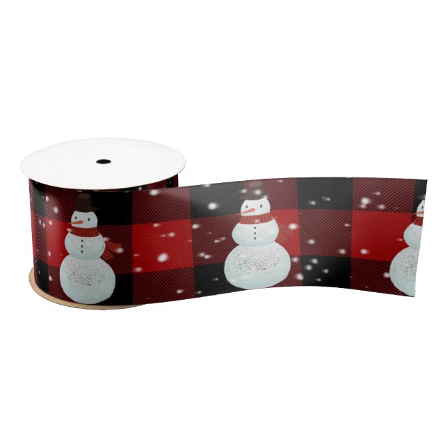 Snowman in Snow on Buffalo Plaid Satin Ribbon (Spool)