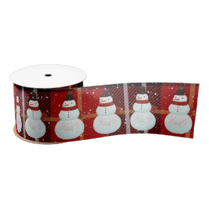 Snowman in Snowflakes Tartan Plaid Satin Ribbon