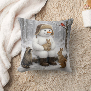 Snowman In Winter Woods With Animal Friends Cushion