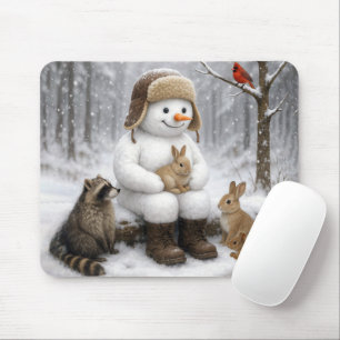Snowman In Winter Woods With Animal Friends Mouse Mat