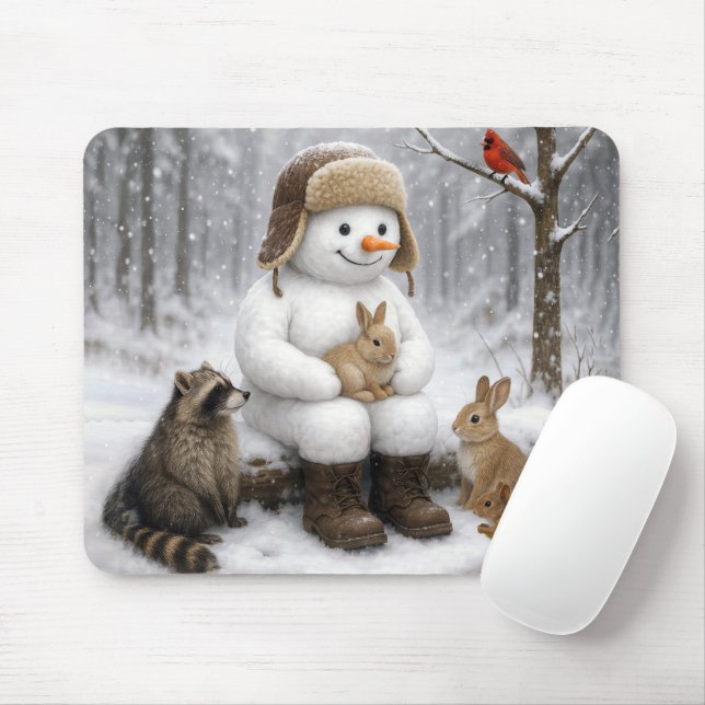 Snowman In Winter Woods With Animal Friends Mouse Mat (With Mouse)