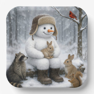 Snowman In Winter Woods With Animal Friends Paper Plate