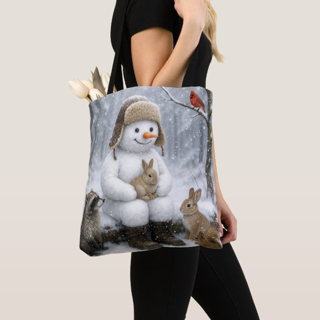 Snowman In Winter Woods With Animal Friends Tote Bag (Close Up)