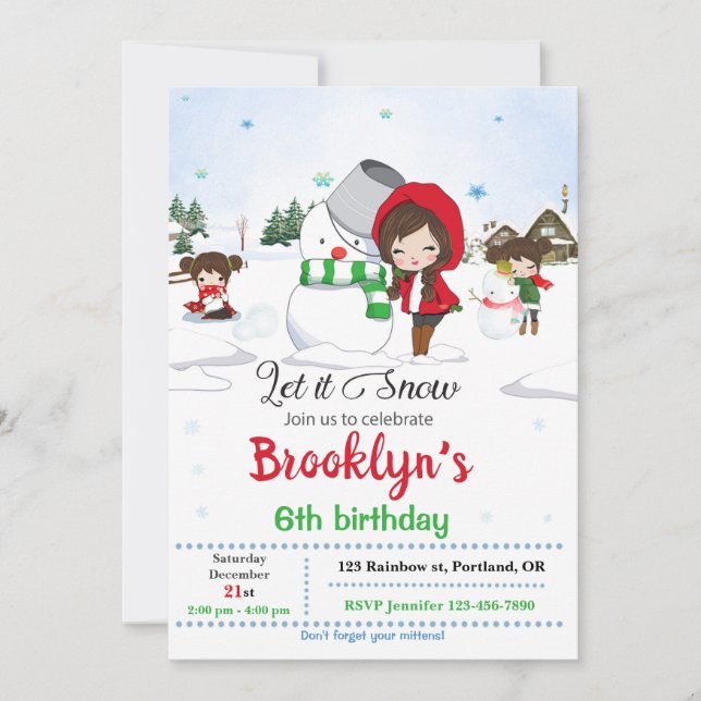 Snowman invitation Girl Winter holiday invitation (Front)