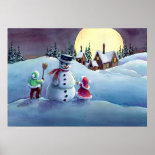 SNOWMAN & KIDS by SHARON SHARPE Poster