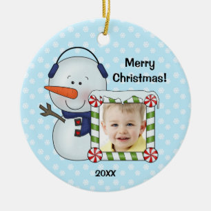Snowman Kids Christmas Photo Personalised Ceramic Tree Decoration