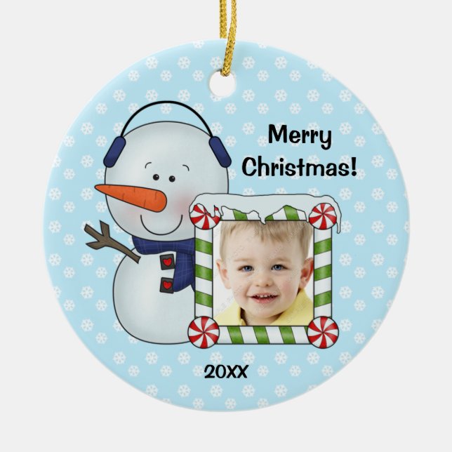Snowman Kids Christmas Photo Personalised Ceramic Tree Decoration (Front)