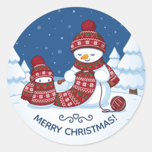 Snowman Knitting Christmas Scarf Classic Round Sticker