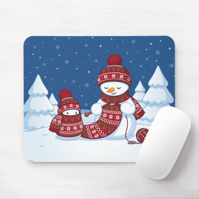 Snowman Knitting Christmas Scarf Mouse Mat (With Mouse)