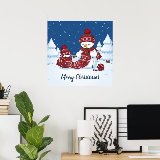 Snowman Knitting Christmas Scarf Poster (Home Office)