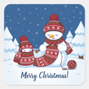 Snowman Knitting Christmas Scarf Square Sticker