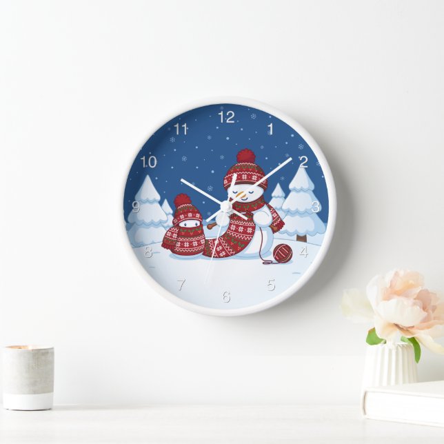 Snowman Knitting Christmas Scarf Wall Clock (Home)