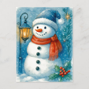 Snowman Lantern Cozy Christmas Watercolor Postcard