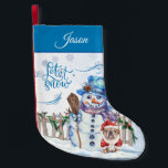 Snowman | Let it Snow Personalised Small Christmas Stocking<br><div class="desc">An adorable fleece Christmas stocking will greet family and friends with a colourful snowman and his dog in a Santa suit buddy while they enjoy a snowfall.  Personalise this with a name,  prior to placing into your shopping cart.</div>