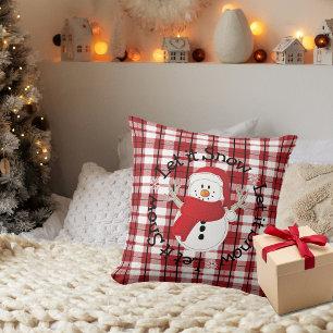 Snowman Let it Snow Red Black White Plaid Cushion