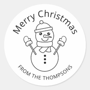 Snowman Line Art Illustration With Custom Text Classic Round Sticker