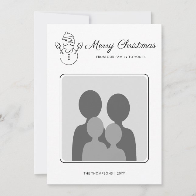 Snowman Line Art With Custom Family Photo And Text Holiday Card (Front)
