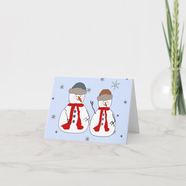 Snowman, Little Snowmen, Brothers Whimsical Art Holiday Card (Front)