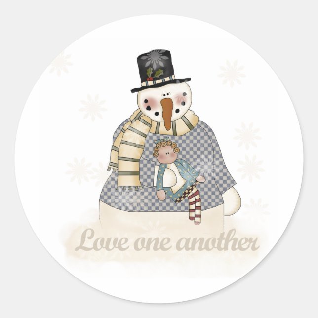 Snowman Love One Another Classic Round Sticker (Front)