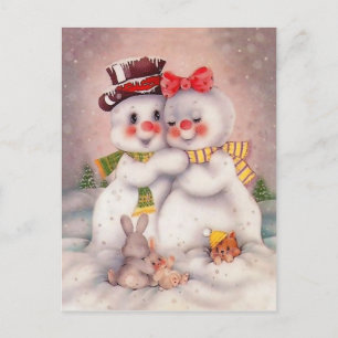 Snowman loving couple, vintage holiday greeting postcard