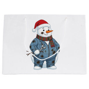 Snowman Mechanic Christmas 2026 Holiday Blue Colla Large Gift Bag