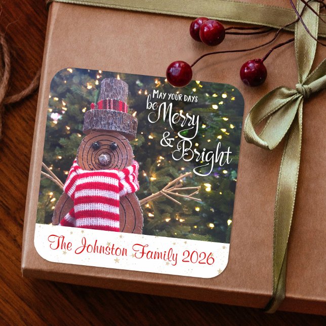 Snowman Merry and Bright Rustic Custom Name Cute Square Sticker (Creator Uploaded)